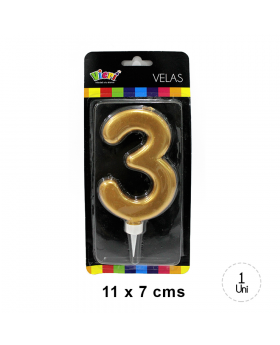 VELA CUMPLEAÑOS GOLD NUMERO 3 11CM /144