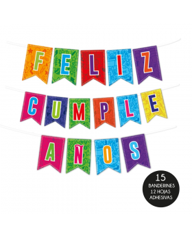 KIT 15 BANDERINES 12 HOJAS STICKERS LETRAS FIESTA