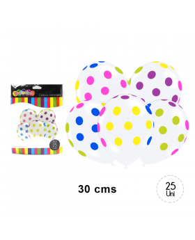 GLOBOS POLKA BLANCO MIX COLOR PUNTOS R12 25UN/100