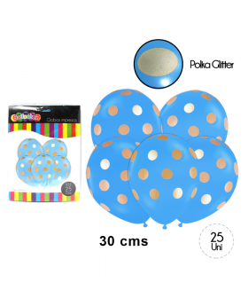 GLOBOS POLKA CELESTE PUNTOS ORO R12 25UN/100