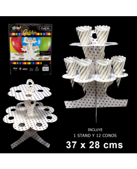 STAND CUPCAKE CONOS FORMAS BLANCO POLKA GOLDEN/72