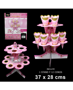STAND CUPCAKE CONOS BABY NIÑA ROSADO KIT15P /72