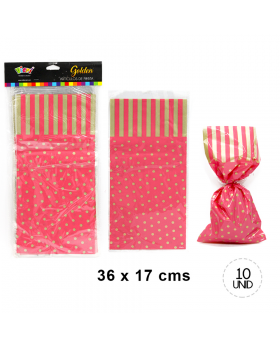 BOLSA CON AMARRA ROSA POLKA GOLDEN SET10U /200