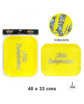 BANDEJA RECT FELIZ CUMPLEANOS NEON AMARILLA /110