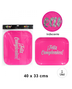 BANDEJA RECT FELIZ CUMPLEANOS NEON FUXIA /110