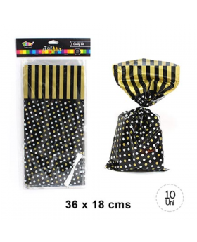 BOLSA CON AMARRA POLKA NEGRO FOIL MIX SET10U /200