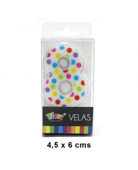 VELA NUMERO 8 CON PUNTOS Y COLORES 4.5x6CM /288