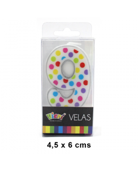 VELA NUMERO 9 CON PUNTOS Y COLORES /288