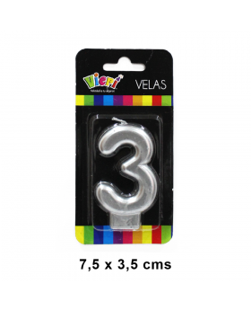 VELA METAL PLATA NUMERO 3 7.5CM /288