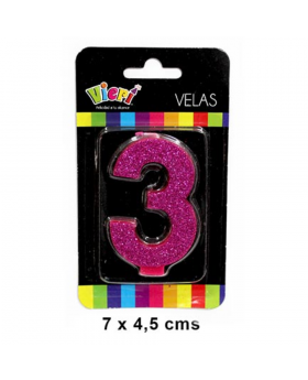 VELA NUMERO 3 FUCSIA CON BRILLO /288
