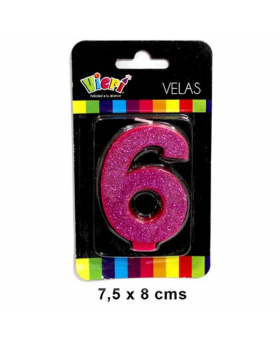 VELA NUMERO 6 FUCSIA CON BRILLO /288