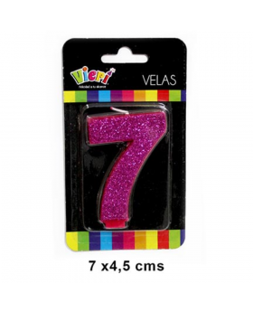VELA NUMERO 7 FUCSIA CON BRILLO /288
