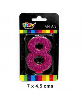 VELA NUMERO 8 FUCSIA CON BRILLO /288