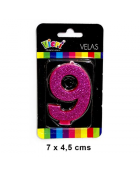 VELA NUMERO 9 FUXIA CON BRILLO/288