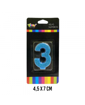 VELA NUMERO 3 CELESTE CON BRILLO /288
