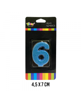 VELA NUMERO 6 CELESTE CON BRILLO /288