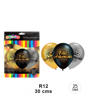 ST 25UN GLOBO FELIZ ANIVERSARIO R12 30CM /100