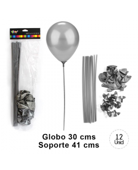 GLOBO CON VARILLA COLOR PLATA SET12U /200