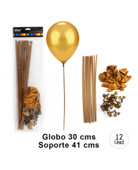 ST 12UN GLOBO LISOS GOLDEN + VARILLAS/100