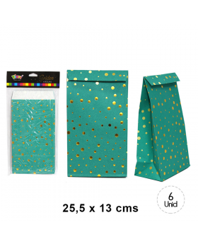 BOLSA PAPEL POLKA TURQUESA 25.5x13CM SET6U /120