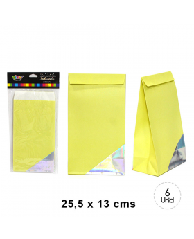 BOLSA PAPEL AMARILLO IRIDISC. 25.5x13CM SET6U /120