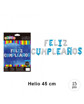 GLOBO HELIO LETRAS CUMPLE 2COLS 45CM KIT15P /240