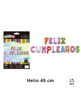KIT GLOBOS HELIO LETRAS FELIZ CUMPLEAÑOS MIX COLOR