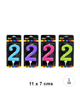 VELA CUMPLEAÑOS PUNTOS NUMERO 2 11CM /144