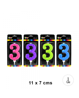 VELA CUMPLEAÑOS PUNTOS NUMERO 3 11CM /144