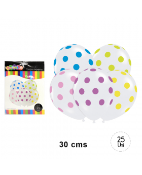 GLOBOS POLKA MIX COLOR PUNTOS ORO R12 25UN/100