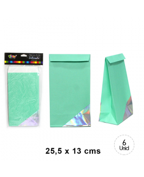 BOLSA PAPEL TURQUESA IRIDISC. 25.5x13CM SET6U /120